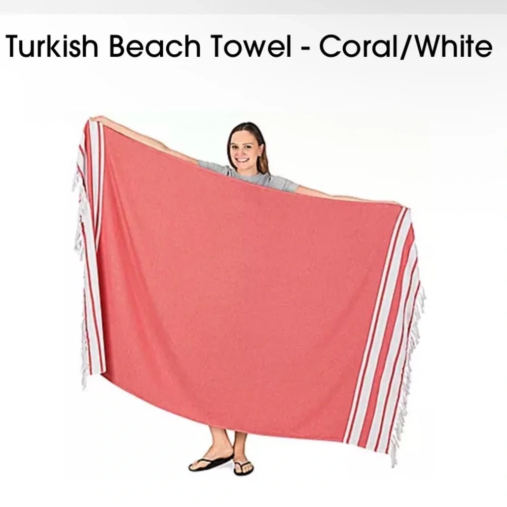 Turkish (2) Cotton XL 50x80 Towels Fringe Coral/White Striped Kanata Uline New